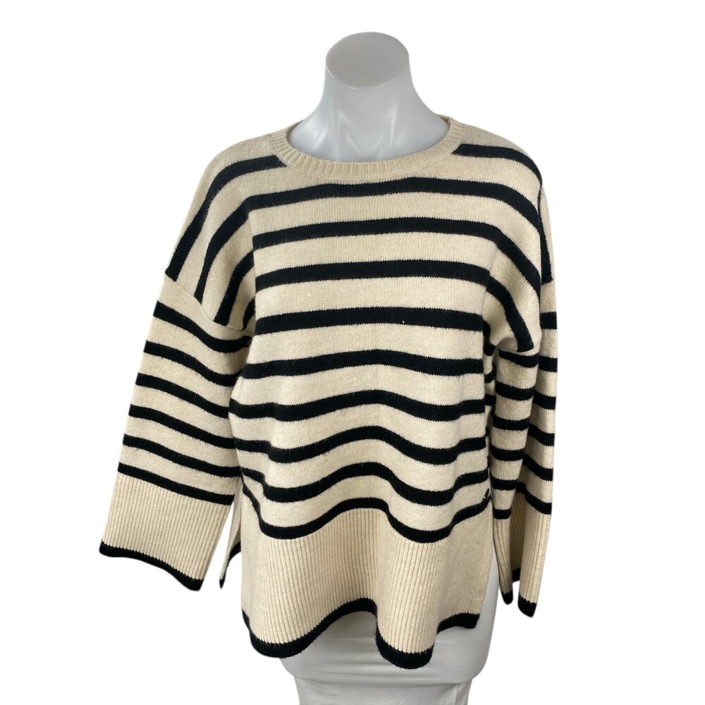 BSB Jeans Women's Beige Black Striped Long Sleeve Rib Knit Sweater Top Size XS